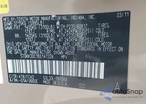 2011 Toyota Sienna Le V6 z USA, uszkodzony, nr VIN 5TDKK3DC1BS141328